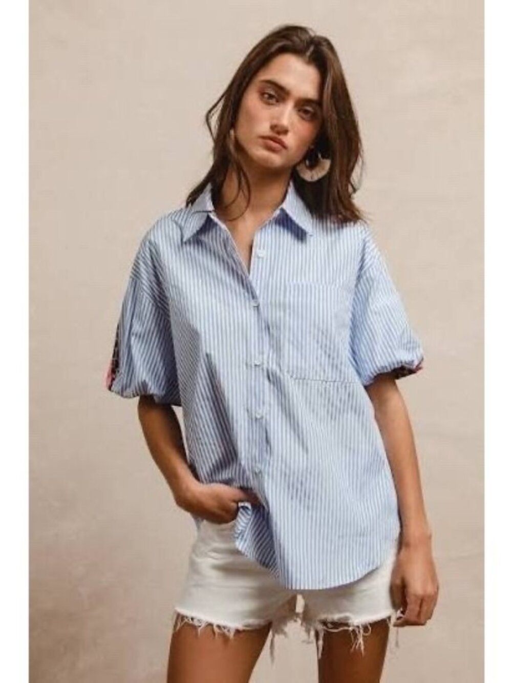 BiBi Women's Striped Poplin Button Down Top Leopard Puff Sleeves Size Medium
